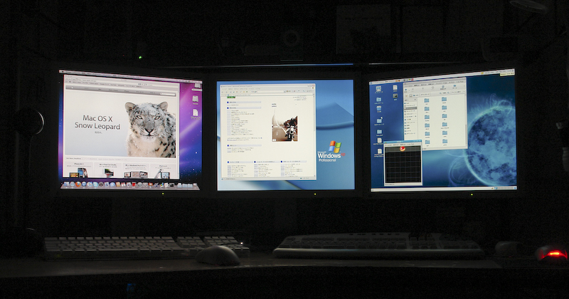左からMac OSX10.6 (Snow Leopard)、真ん中がWindowsXP pro(SP3)、右がlinux Fedora10の図