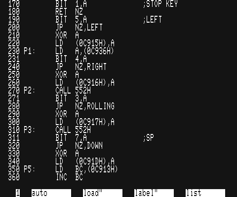 PC-6601SR・PC-6001mk2SR上で動くSRアセンブラの画面。自作ゲームの一部。
    （assembler,マシン語,アセンブラ）