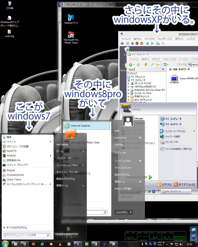 windows7 
      home premiumの中にwindows8proがあって、その中にwindowsXP home editionがある画像。
      仮想マシンとリモートデスクトップ接続(RDC)を同時に使った環境
