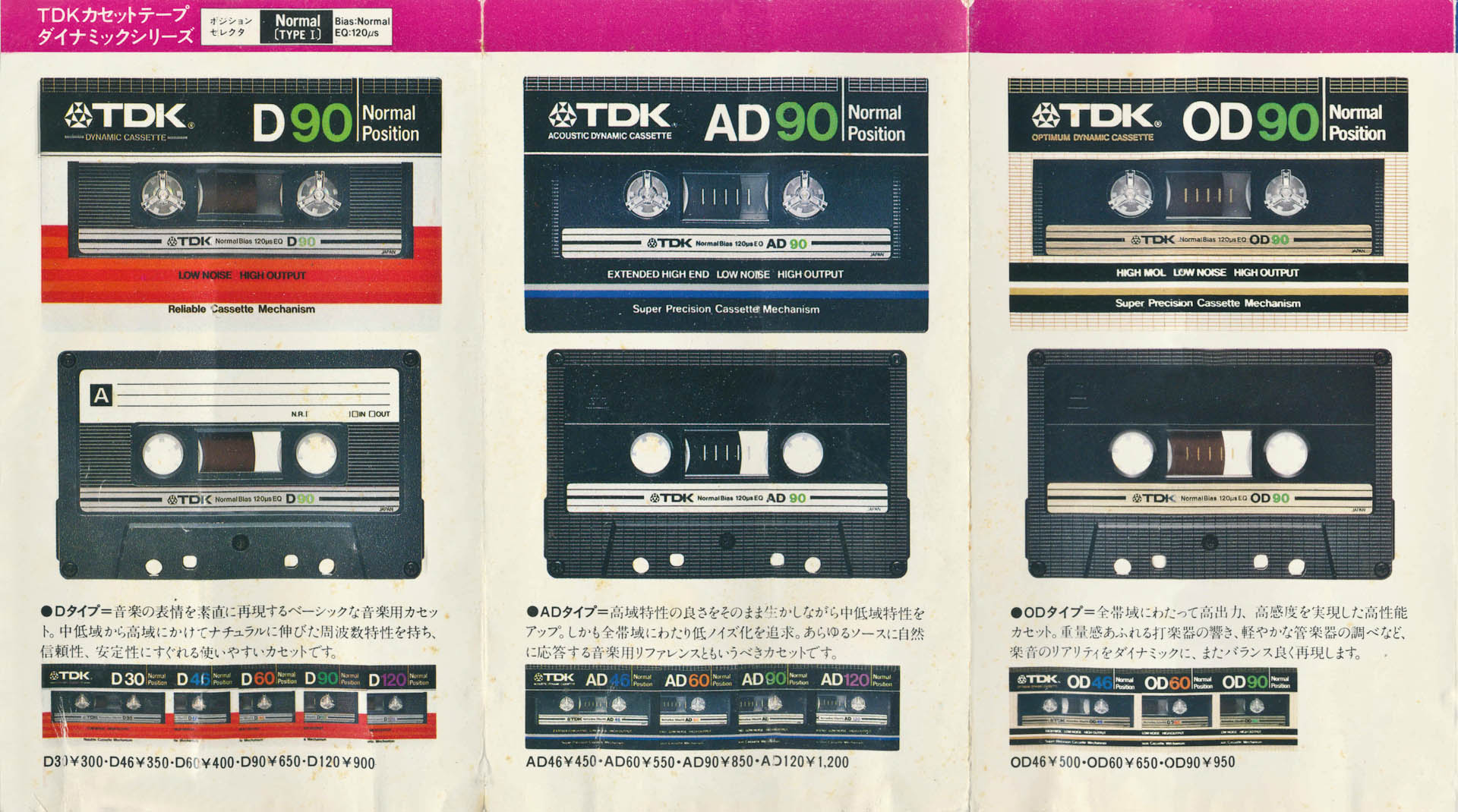 TDK（東京電気化学工業）のカセットテープのカタログ O,AD,OD ノーマルテープ